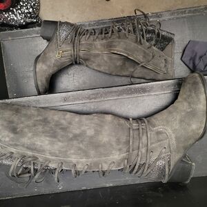 Gray Suede Lace-Up Knee Boots - Unbranded